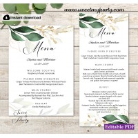 Greenery menu card printable template,Gold menus,(148w)